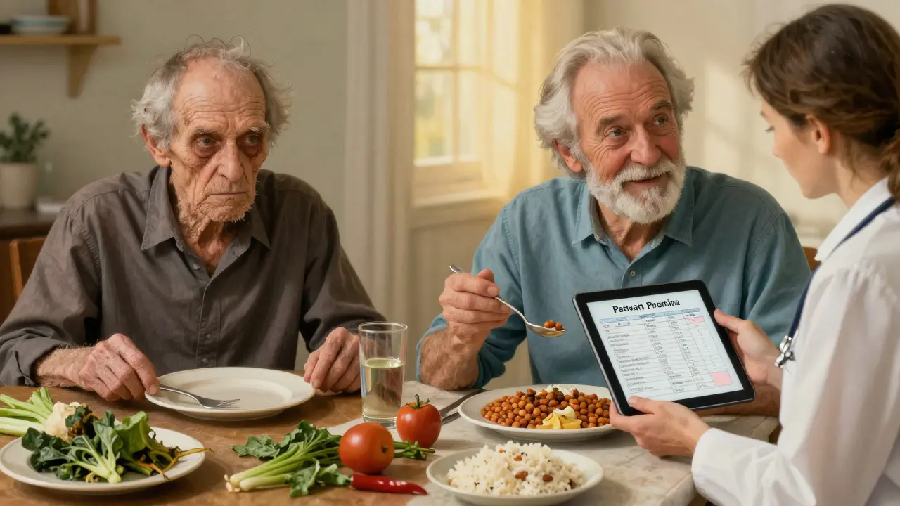 An elderly man on one side, frail and alone, versus a vibrant older adult dining with a dietitian, illuminated by healing light.