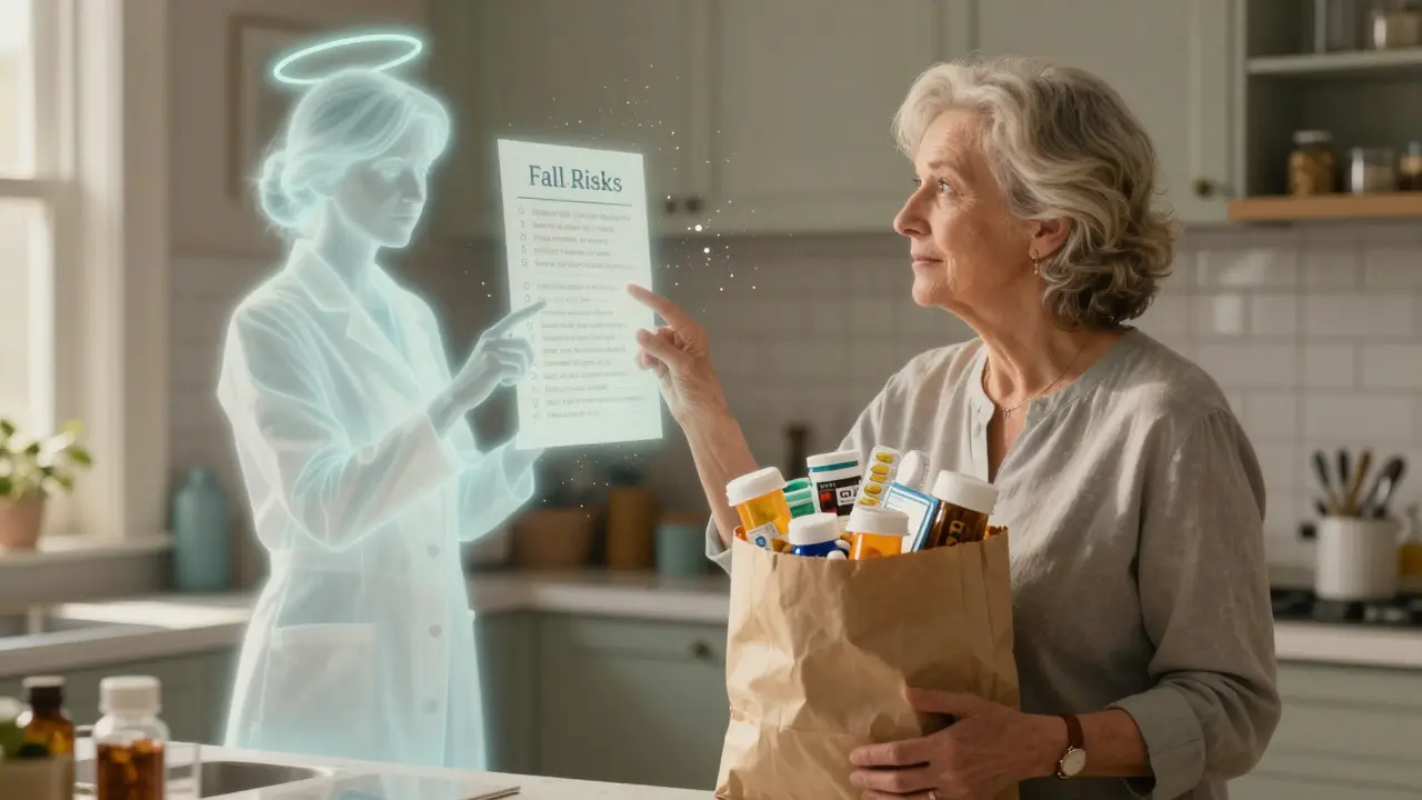 An older woman holding a brown bag of medications as a glowing pharmacist guides her with a floating risk chart.