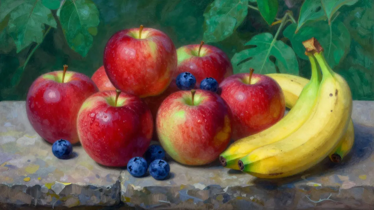 Bowl of apples and blueberries beside a shaded banana