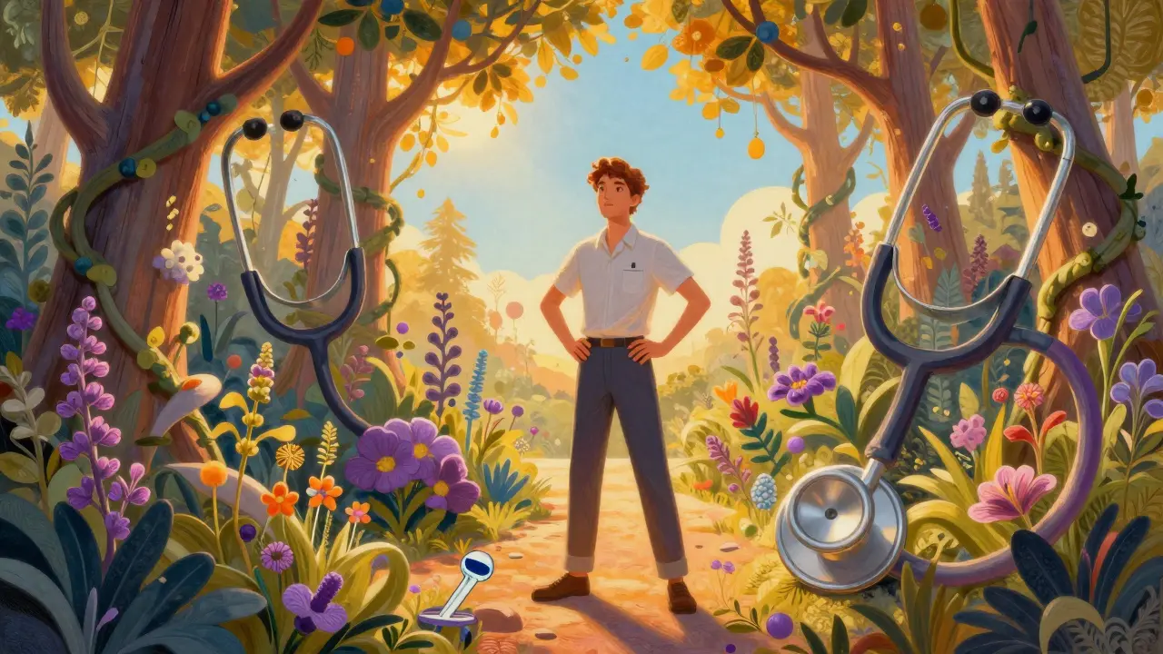 Figure in garden with medical tools woven into plant vines