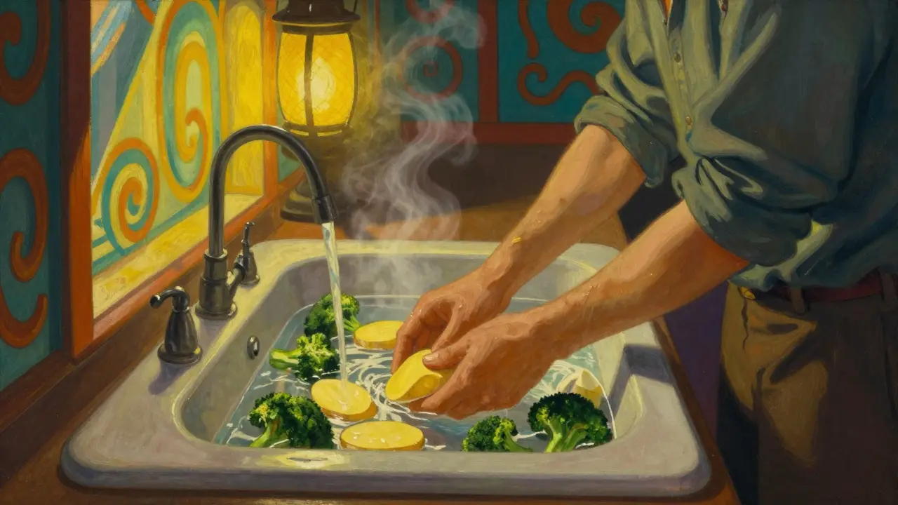 Person soaking chopped vegetables in a water basin
