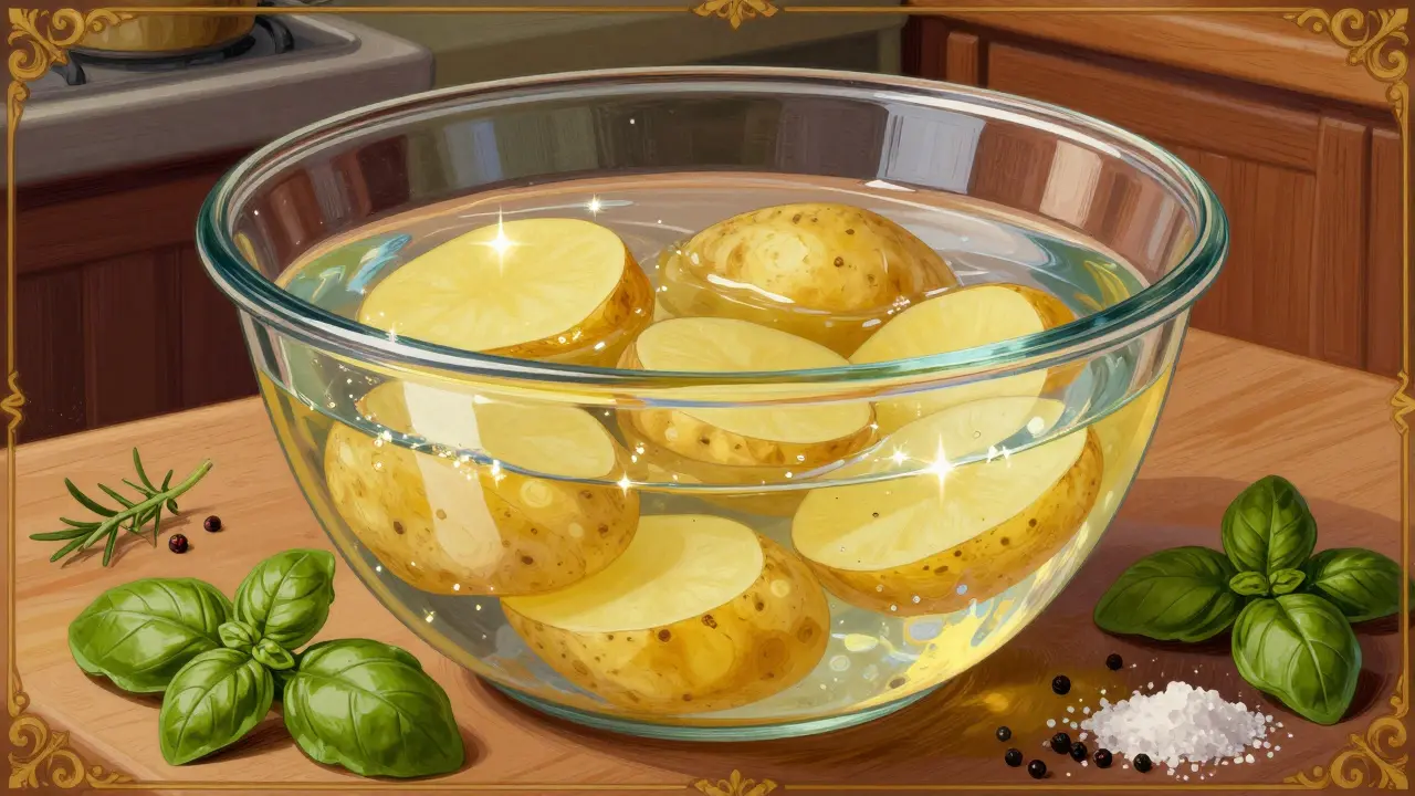 Potatoes soaking in a large bowl of water with herbs