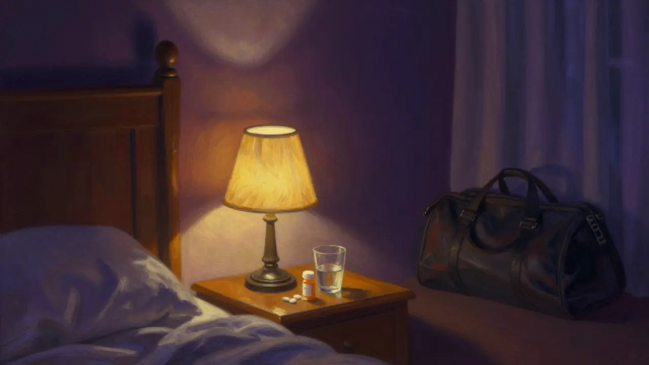Quiet bedroom at night, pill bottle lit by lamp, gym bag in shadows, suggesting evening schedule.