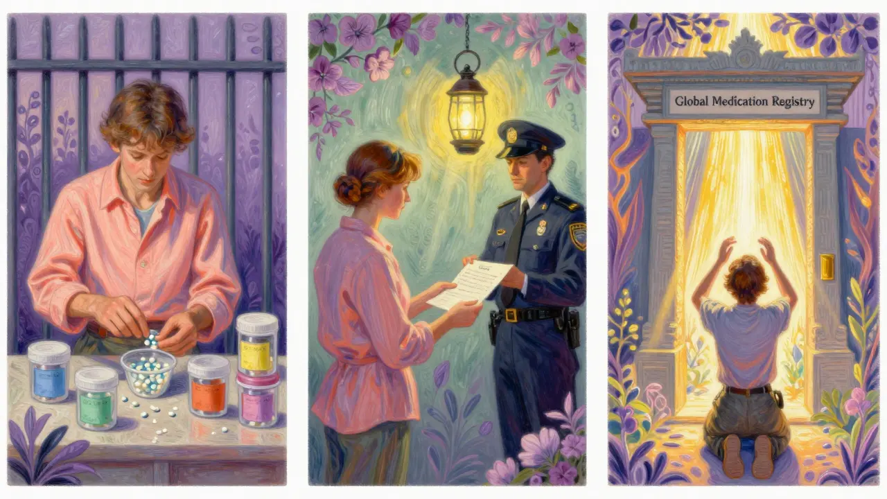 Three travelers in a triptych: one packing illegally, one presenting a doctor’s letter, one approaching a golden registry portal.