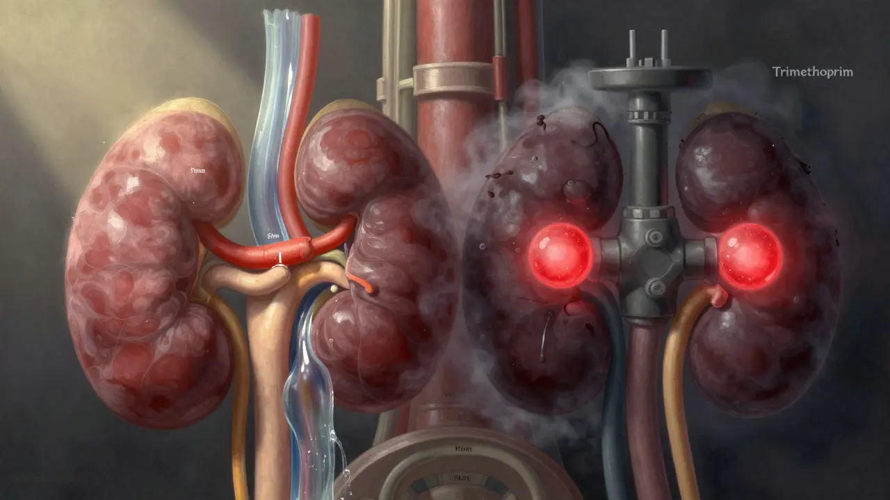 Two kidney tubules shown side by side: one flowing freely, the other blocked by a dark valve trapping glowing red potassium.