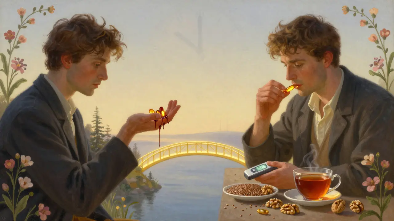 Two paths show the risks of high-dose fish oil versus safe use with monitoring, framed by flowers and dawn light.