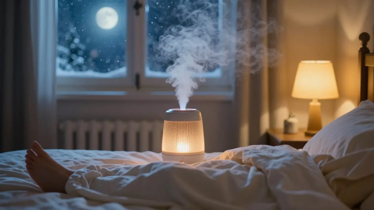 A bedroom scene with a glowing humidifier and a person in loose cotton clothes.