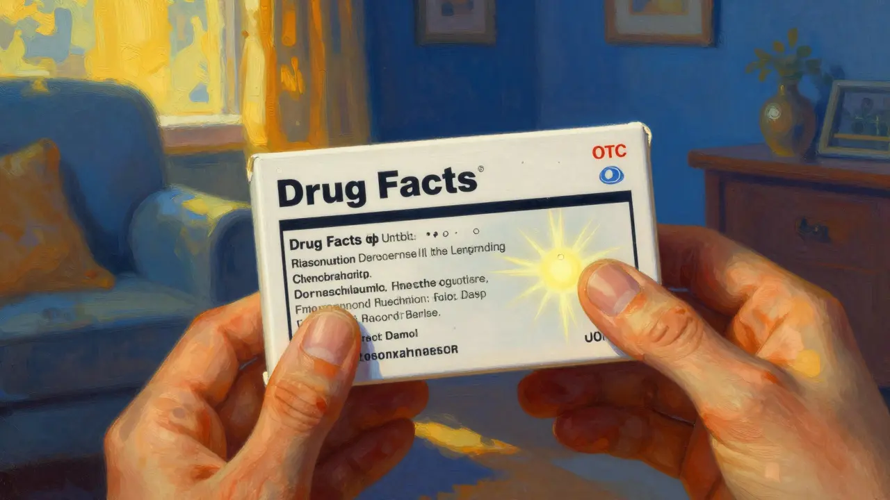 A close-up of a hand holding a medicine box, highlighting the Drug Facts label in golden light.