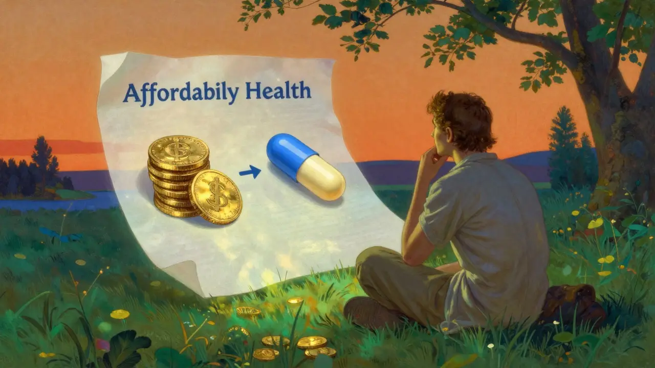 A conceptual image of golden coins and medication in a serene, classical landscape.