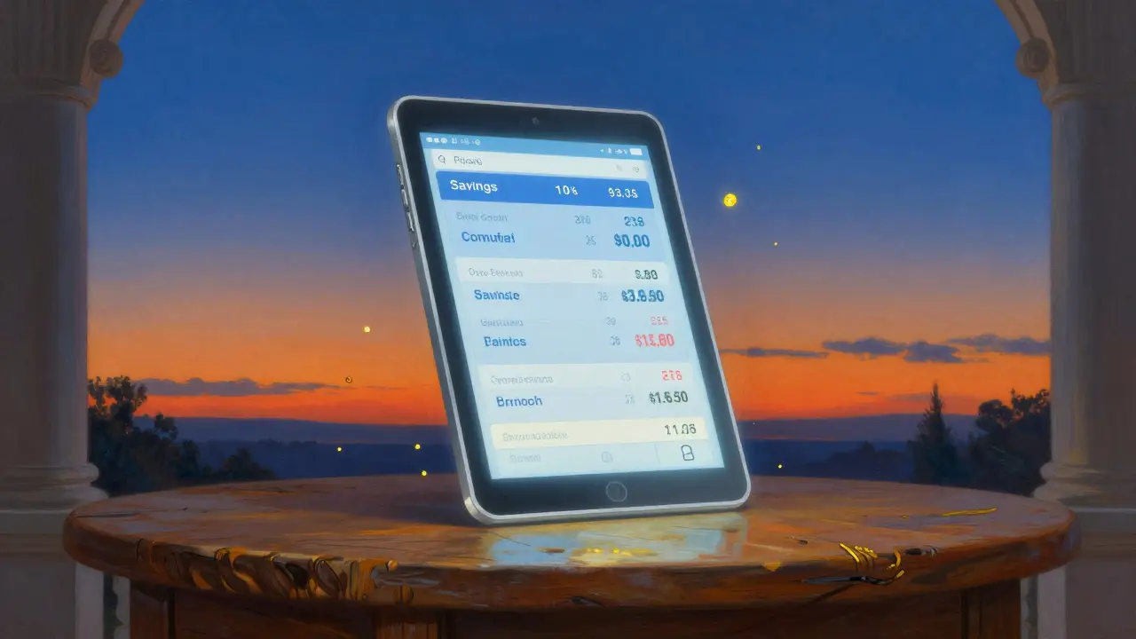 A digital tablet showing medical discounts set against a vivid sunset sky.