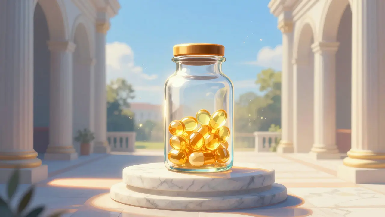 A glowing apothecary jar of medication on a marble pedestal in a sunlit courtyard.