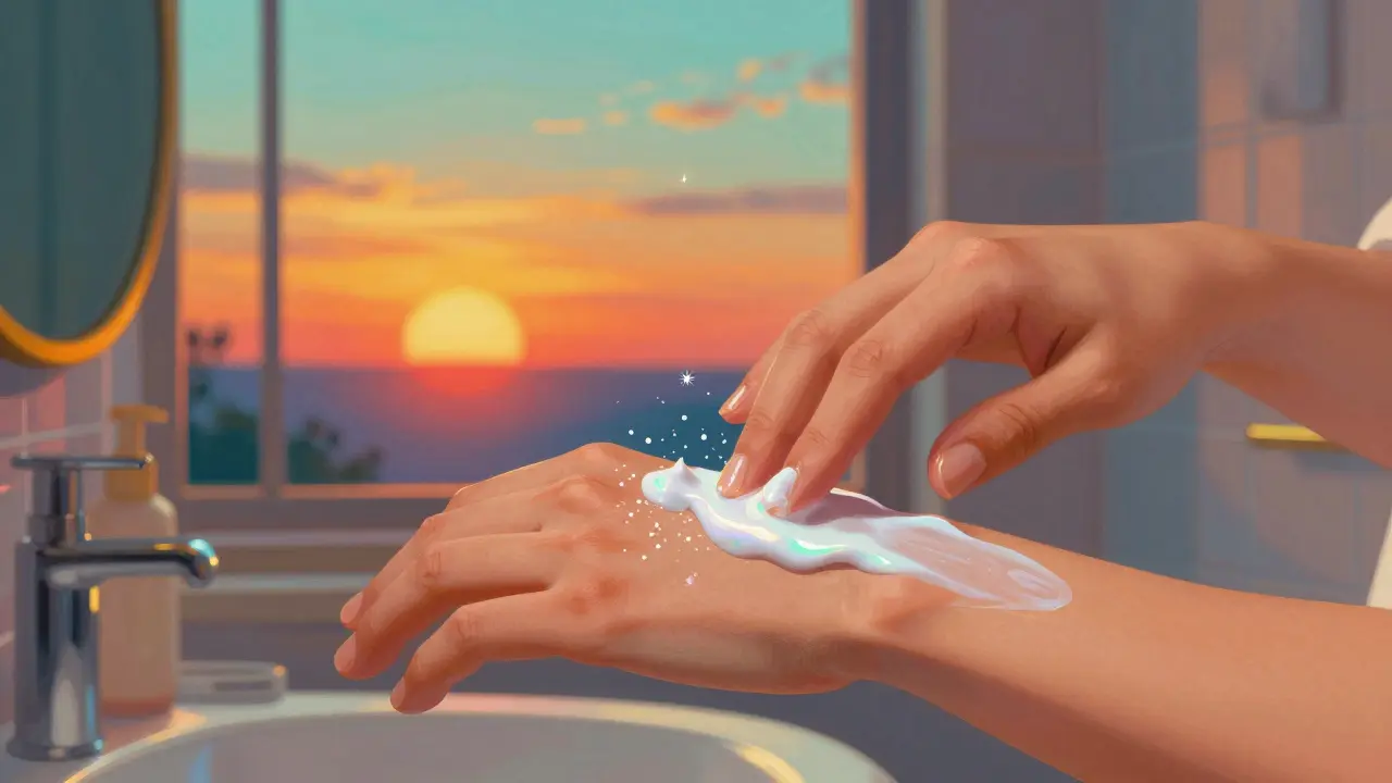A hand applying moisturizing lotion to a forearm with a luminous, glowing background.