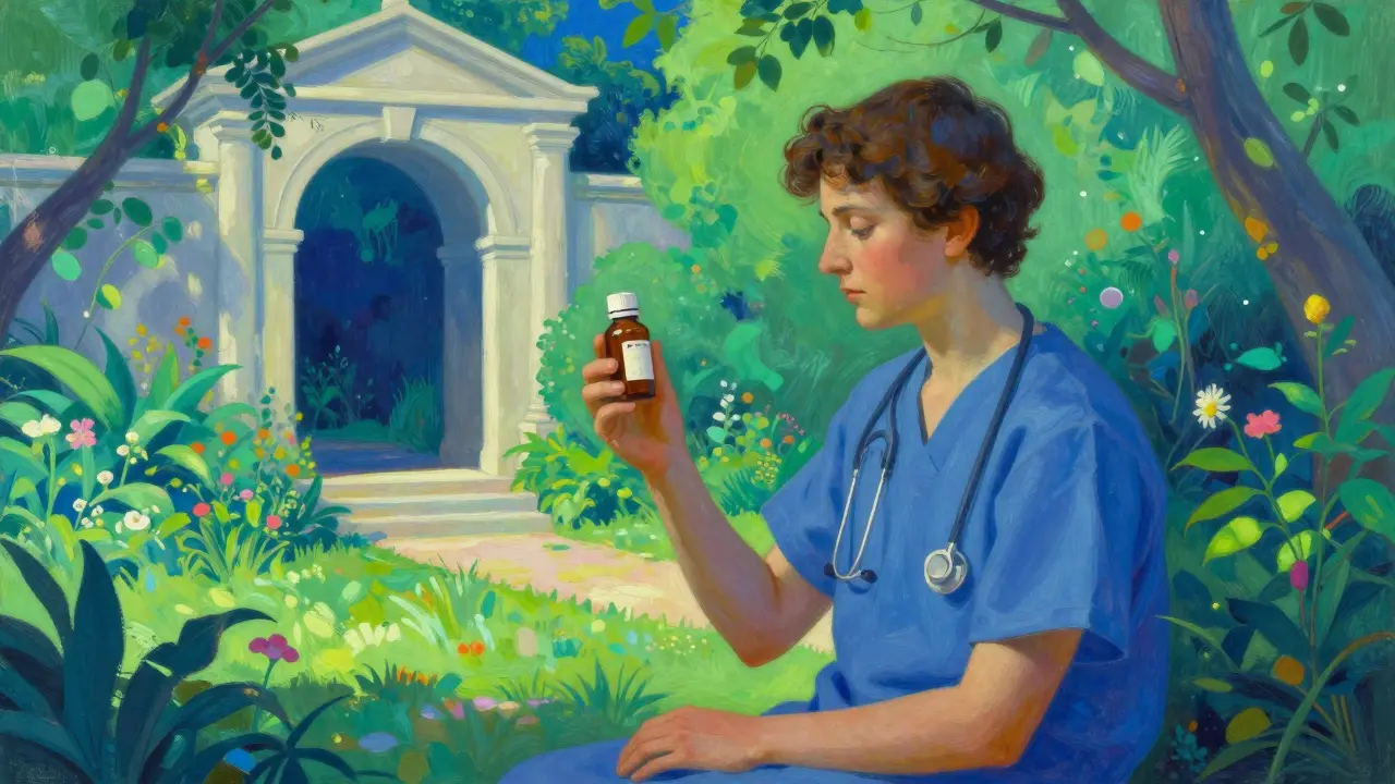 A peaceful person in a luminous garden holding a medication bottle, symbolizing health and stability.