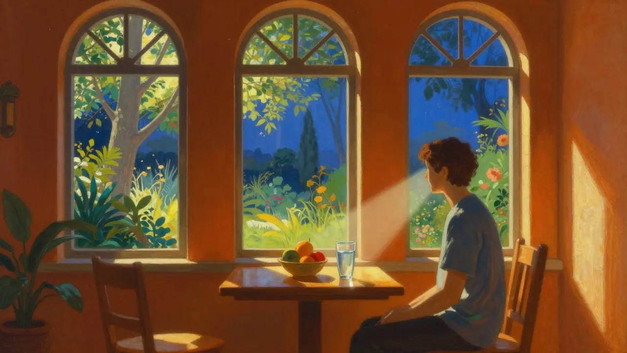 A person in a peaceful room with golden sunlight and a view of a glowing garden.