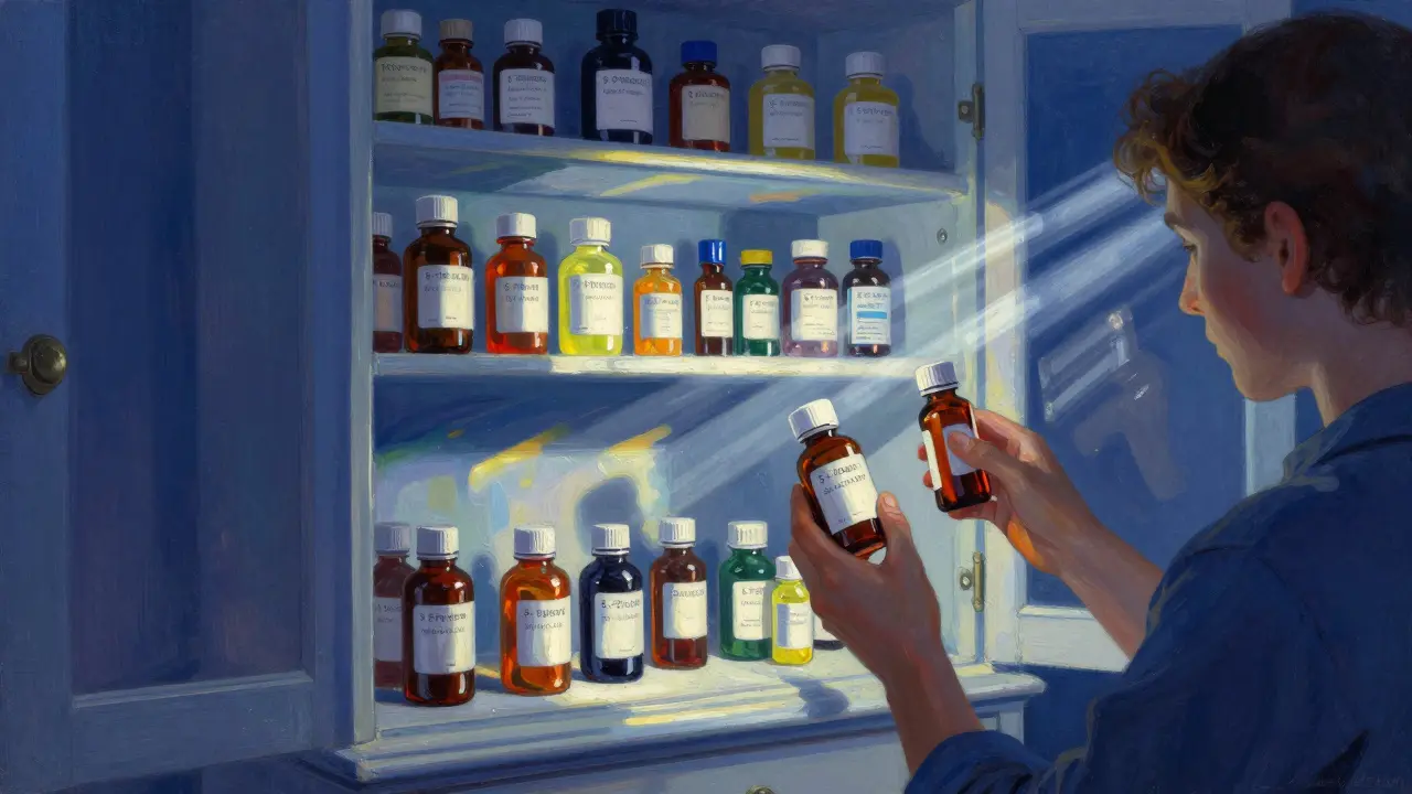 A person organizing a medicine cabinet in a luminous, painterly room.