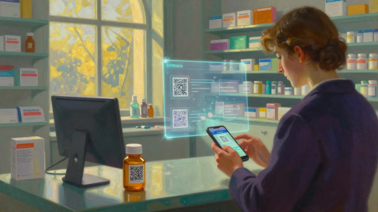 A person scanning a QR code on a medicine bottle with an augmented reality overlay.