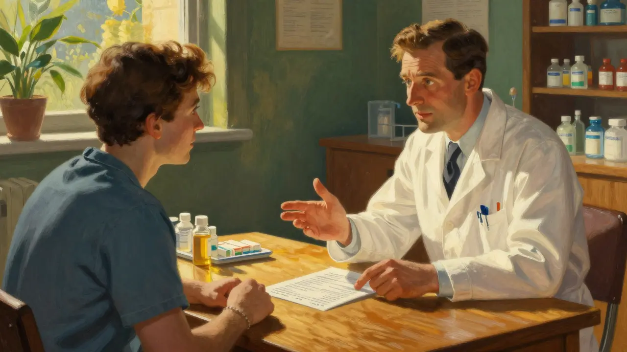 A pharmacist and patient discussing medication safety over a list of prescriptions