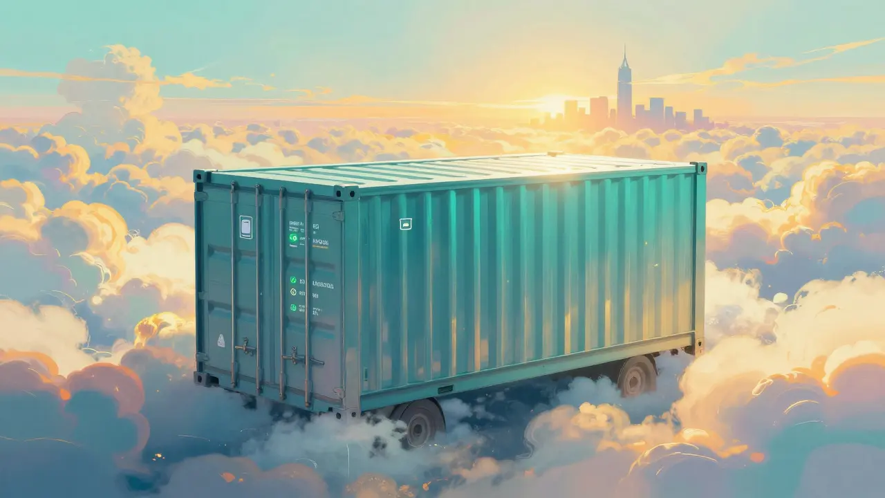 A professional medical shipping container in a luminous, surreal landscape.