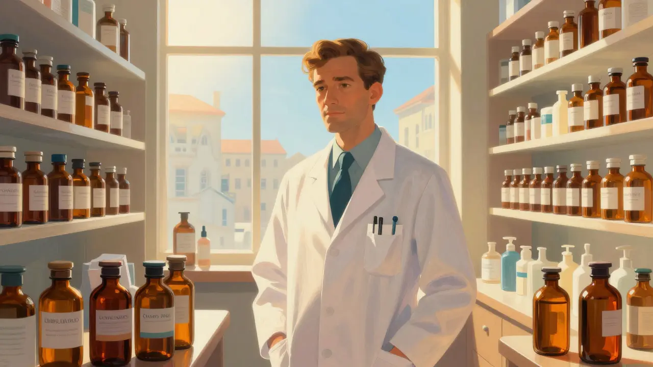 A professional pharmacist in a sunlit pharmacy symbolizing safety and trust in medication.