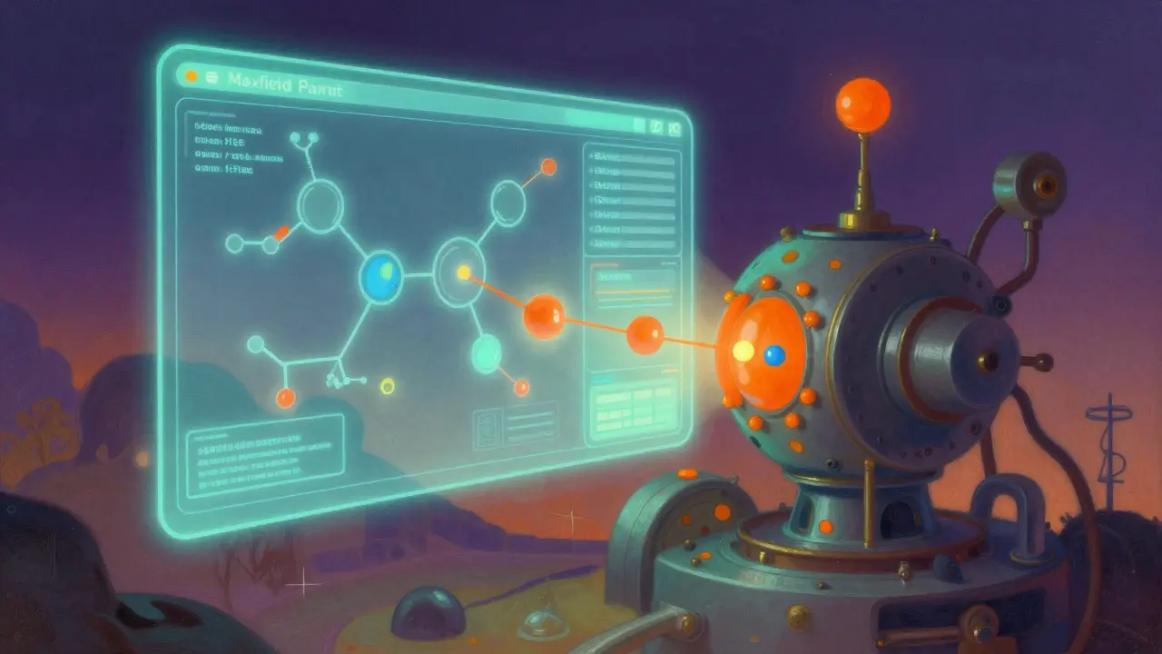 Abstract digital interface showing chemical drug interactions with glowing molecules