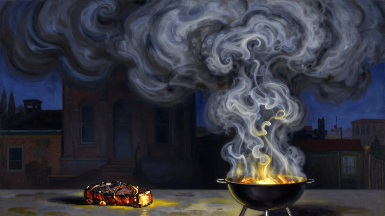 Comparison of a small piece of charred meat and a large vortex of cigarette smoke in a stylized art style.