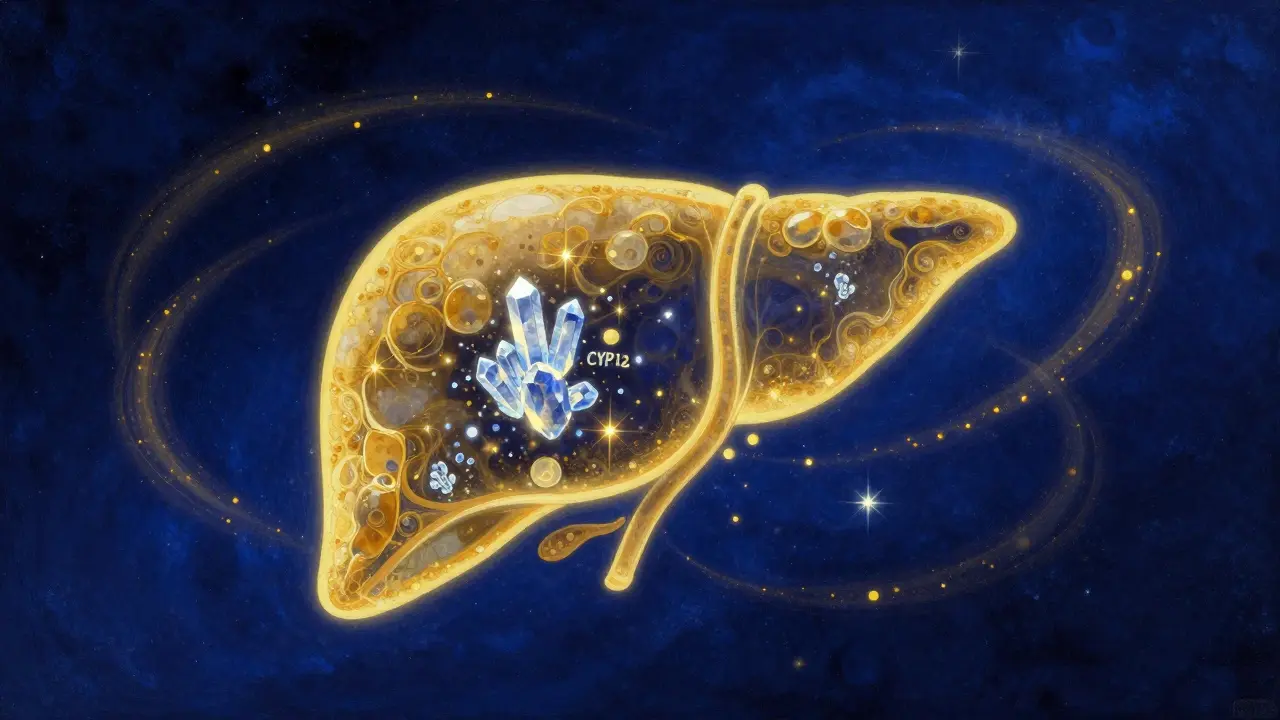 Conceptual illustration of a luminous liver with glowing enzymes in a deep indigo celestial space.