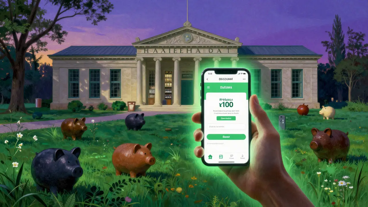 Person using a discount app to find a cheap warehouse pharmacy under a colorful twilight sky.