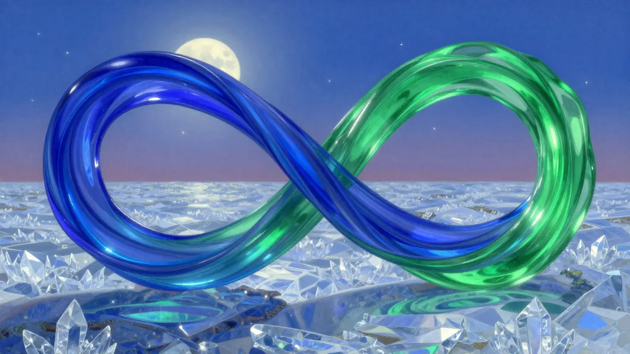 Two glowing colorful ribbons of light intertwining over a crystalline landscape.